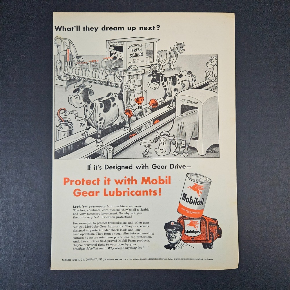 1955 Socony Mobil Oil Mobiloil Mobilgas Lubricants Vintage Print Ad Farm Machine